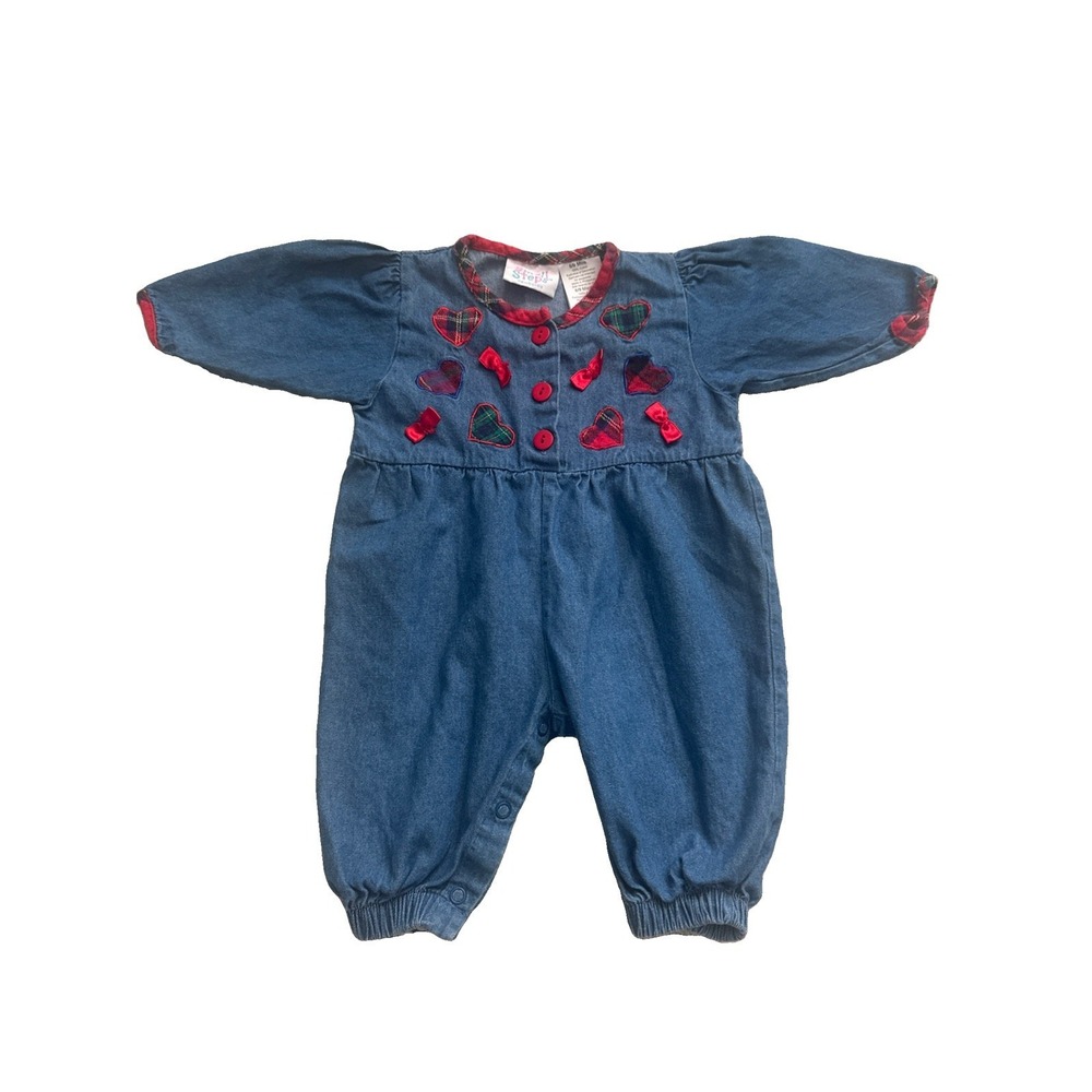 Vintage Small Steps Denim Romper Size 6-9 Months Plaid Collar Hearts Bows Red